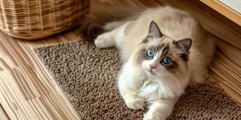 An adorable ragdoll cat  on door mat