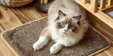 An adorable ragdoll cat  on door mat