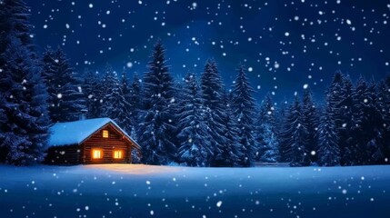 Cozy cabin illuminated at night amidst falling snow in a serene winter forest landscape