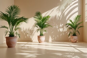 Fototapeta premium Stylish Bright Beige Studio Design with Potted Palms and Dappled Leaf Reflections for Fashion Displays