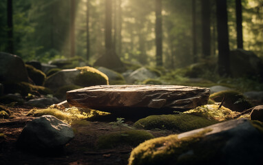 Fototapeta premium In the heart of a lush green forest, there stands a large, prominent rock, creating a striking contrast against the vibrant natural surroundings filled with trees and wilderness