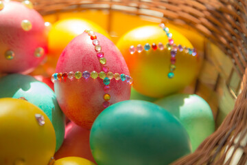 Easter basket with eggs close-up