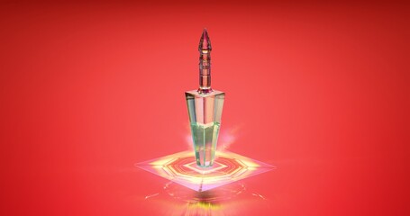 Magic potion in a glass bottle. Diffraction of light and caustics. 3D rendering.