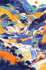 Serene valley waterfalls scenic landscape, vibrant sunset, idyllic travel poster