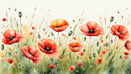 Obraz premium Seamless Hand-Painted Watercolor Red Poppy Flowers Texture. Wallpaper, Background, Banner, Greeting cards, wedding invitations, fabric prints, stationery, nature-inspired branding