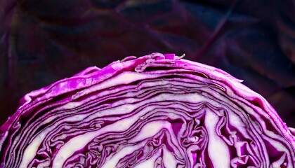 Obraz premium Close-up of thinly sliced purple cabbage, emphasizing its rich purple hue and crisp texture. Ideal for healthy food, salads, or vegetable concepts. Texture, background.