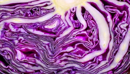 Obraz premium Close-up of thinly sliced purple cabbage, emphasizing its rich purple hue and crisp texture. Ideal for healthy food, salads, or vegetable concepts. Texture, background.