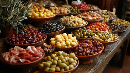 Variety of olives and cured meats on wooden table