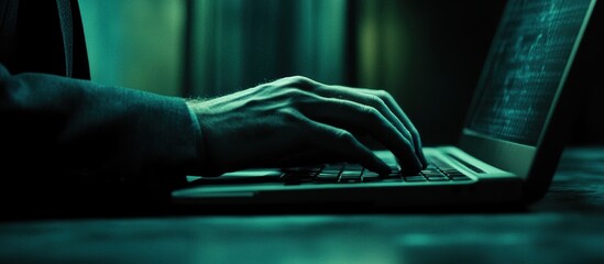 Hacker typing on laptop in the dark