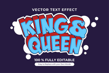 Editable King and Queen text effect in comic book style. Vector graphic design template.