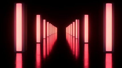 Luminous Columns Arranged Along Diminishing Perspective in Dark Environs of Illuminated Hallway