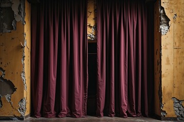Somber Burgundy Theater Curtain on Deteriorated Yellow Wall Displaying Muted Energy and Atmospheric Detail