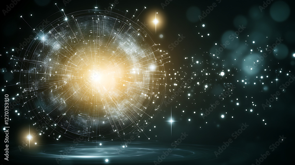 Poster luminous data sphere with connected networks and bright particles shining in the dark
