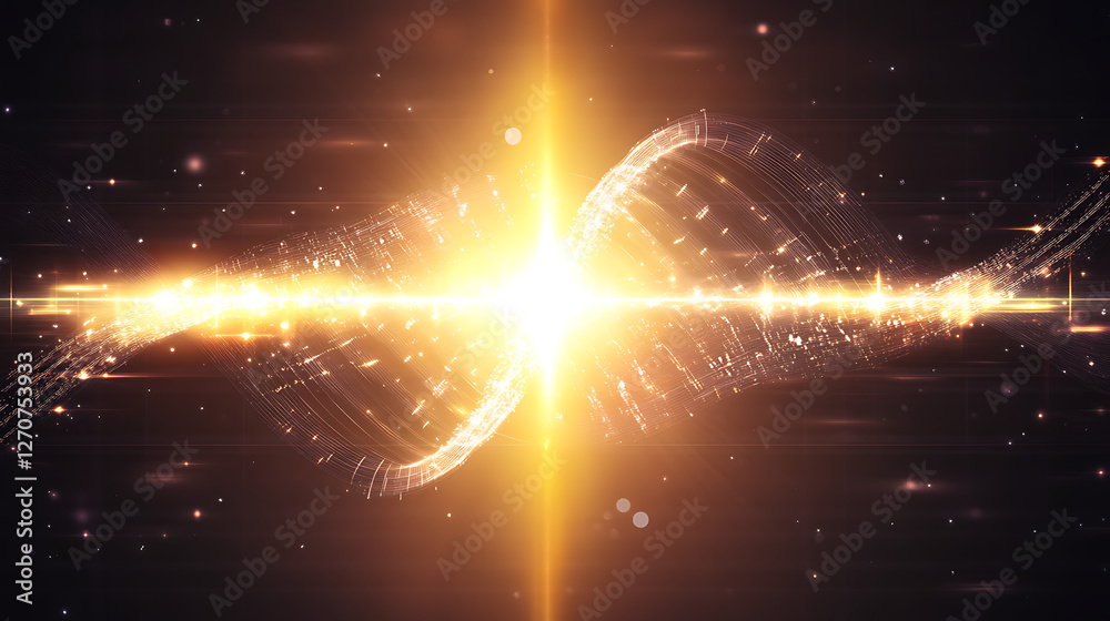 Wall mural luminous data stream energy wave technology background in golden color palette with sparkle effect