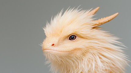 Fototapeta premium Cute furry cream-colored fantasy dragon creature with horns looking sideways against a grey studio background.