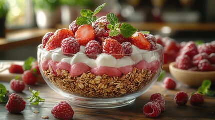 Fresh and Delicious Berry Parfait in a Glass Bowl with Layers of Yogurt, Granola, Raspberries, and Strawberries Garnished with Mint Leaves in a Rustic Kitchen Setting