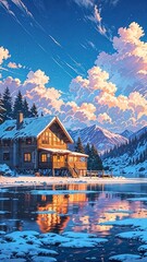 Fototapeta premium house in the mountains.A breathtaking winter landscape featuring a vast, frozen sea with gentle waves, surrounded by towering snow-covered mountains. In the foreground, a cozy wooden house on a pier e