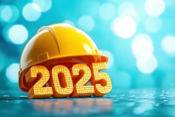Golden 2025 Numbers with Yellow Construction Helmet on Sparkling Background