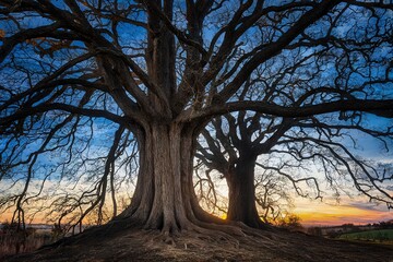 Majestic Trees Silhouetted Against a Scenic Sunset and Vibrant Evening Sky