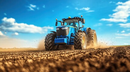 Fototapeta premium Blue Tractor Plowing Dry Soil on a Sunny Day in Open Field