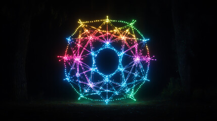 Luminous Geometric Sculpture in Woodland Radiating Rainbow Spectrum Illumination at Night