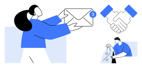 Person holding an envelope with notification, handshake, and a man carrying shopping bags. Ideal for digital communication, business deals, e-commerce, teamwork, collaboration, notifications online