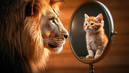 Kitten Looking in Mirror and Seeing a Lion Reflection