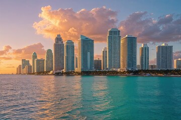 Fototapeta premium Miami Sunrise Skyline Stunning Cityscape with Vibrant Bay Colors and Sparkling Waters