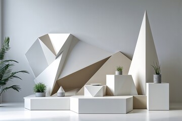 Sleek Modern 3D Geometric Display Setup on Clean White Background