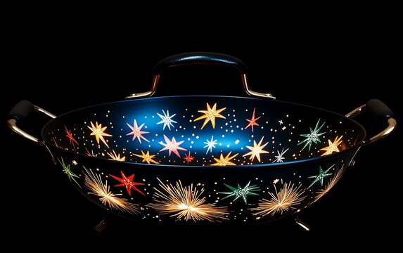 Vintage enamel colander with star pattern on black background