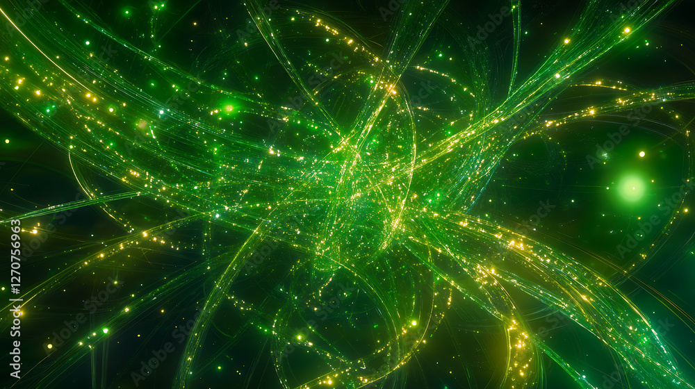 Poster luminous green threads intertwined gleaming sparkles abstract art glowing spirals complex patterns