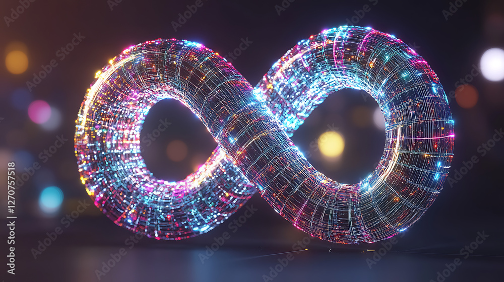 Poster luminous infinity loop structure complex network visualization with glowing particles background
