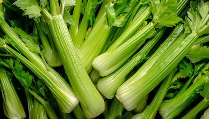 Obraz premium Detailed view of fresh celery stalks, emphasizing their crisp texture and light green color. Perfect for healthy food, salads, or vegetable concepts. Texture, background.