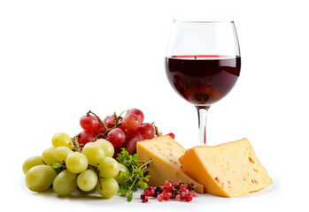 A full-bodied red wine in a glass beside a selection of aged cheese and grapes. Generative AI