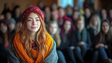Young woman with beautiful smile wearing colorful scarf and hat during a gathering, surrounded by soft-focused background of spectators in winter attire