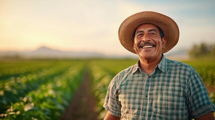 Happy Mexican Senior Farmer Standing in Green Field at Sunset