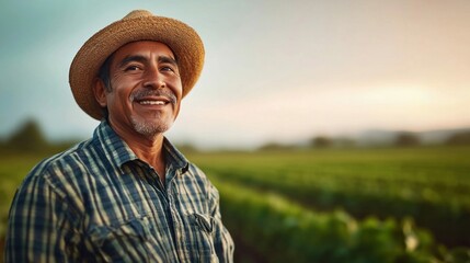 Fototapeta premium Happy Mexican Senior Farmer Standing in Green Field at Sunset