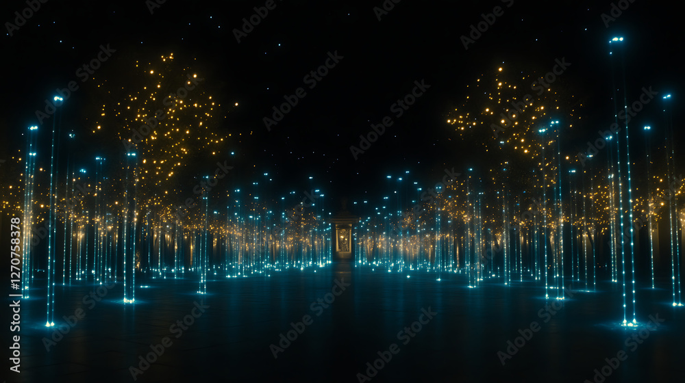 Poster luminous light structures array with golden particles suspended above reflective surface design
