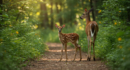 A timid white-tailed deer fawn pausing to look back while walking with its mother along a quiet woodland path in northern Wisconsin