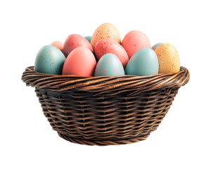 Colorful hand-painted Easter eggs in a wicker basket for springtime celebration, Easter eggs wicker basket png image, Egg hunt concept