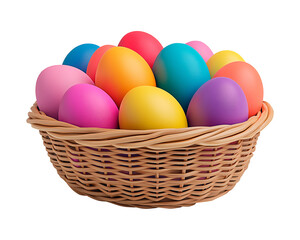 Obraz premium Wicker basket filled with hand-painted Easter eggs, Easter eggs wicker basket png image, Egg hunt concept
