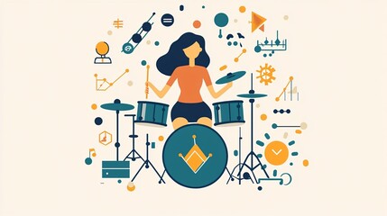 Obraz premium Confident Young Businesswoman Playing Drums in Modern Office