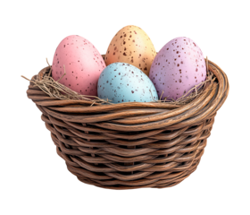 Colorful hand-painted eggs in a wicker basket for a joyful Easter celebration, Easter eggs wicker basket png image, Egg hunt concept