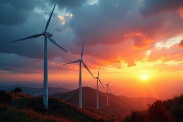 Obraz premium Turbines spinning in the fading light of sunset, wind turbines, hills, nature