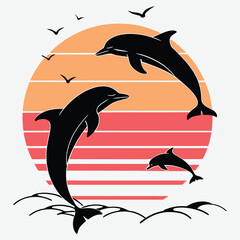 Obraz premium Silhouettes of dolphins jumping through a retro circular sunset design vector art and illustration