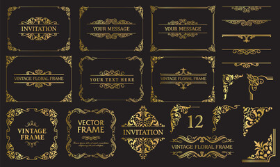 Design elements gold set, decorative flourish border corner and frame collection for invitation, menu and page decoration