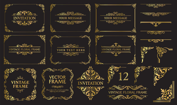 Design elements gold set, decorative flourish border corner and frame collection for invitation, menu and page decoration