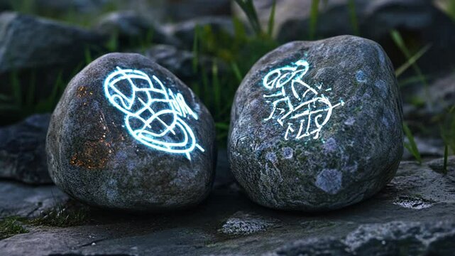 Mystical Rune Stones: Two weathered stones display glowing runes in a forest scene, hinting at ancient secrets.