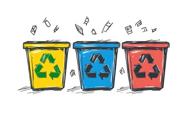 Colorful Recycling Bins, Sketchy Illustration, Showing Different Types of Waste, Educational Material, Possible Use for Recycling Awareness Posters