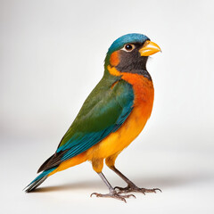 Obraz premium A vibrant, multi-colored bird with a distinctive blue head, green wings, and orange-yellow body stands against a clean, reflective background